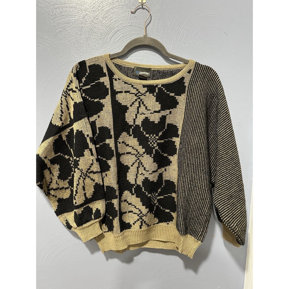 Vintage 80s Sweater Women's Medium Pullover Long Sleeve  Black Gold